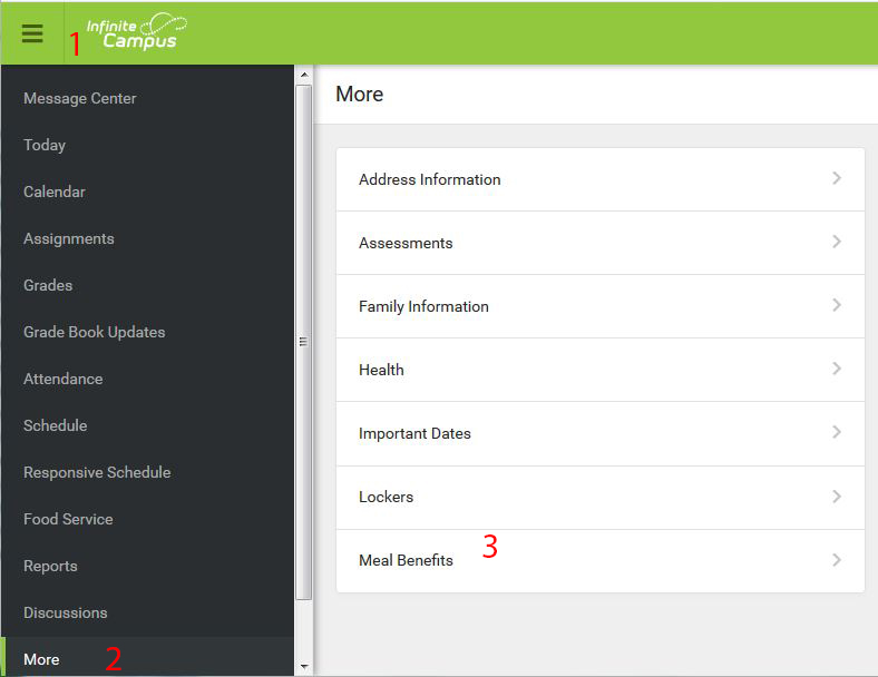 Screen shot of Campus Portal with numbered spots to click