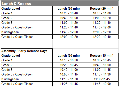 Lunch Recess Schedule 2026-2027