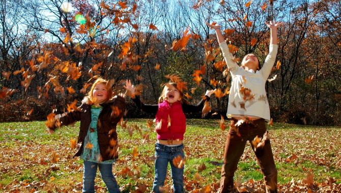 Children playing in fall leaves