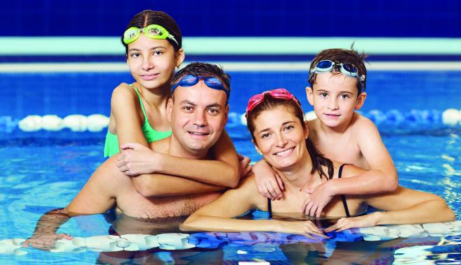 Family at open swim at pool